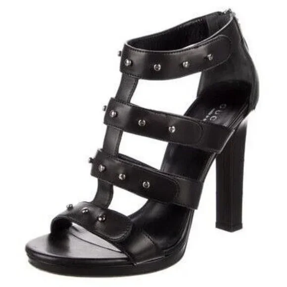 Gucci Leather Gladiator Heels EU Size 38 Black Sigourney Stiletto Platform Women - Picture 1 of 10